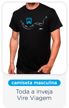 camiseta masculina com a frase "toda a inveja vire viagem" escrita