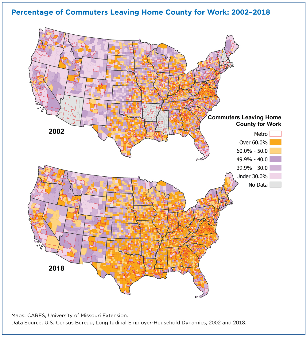 Percentage of Commuters Leaving Home County for Work: 2002-2018