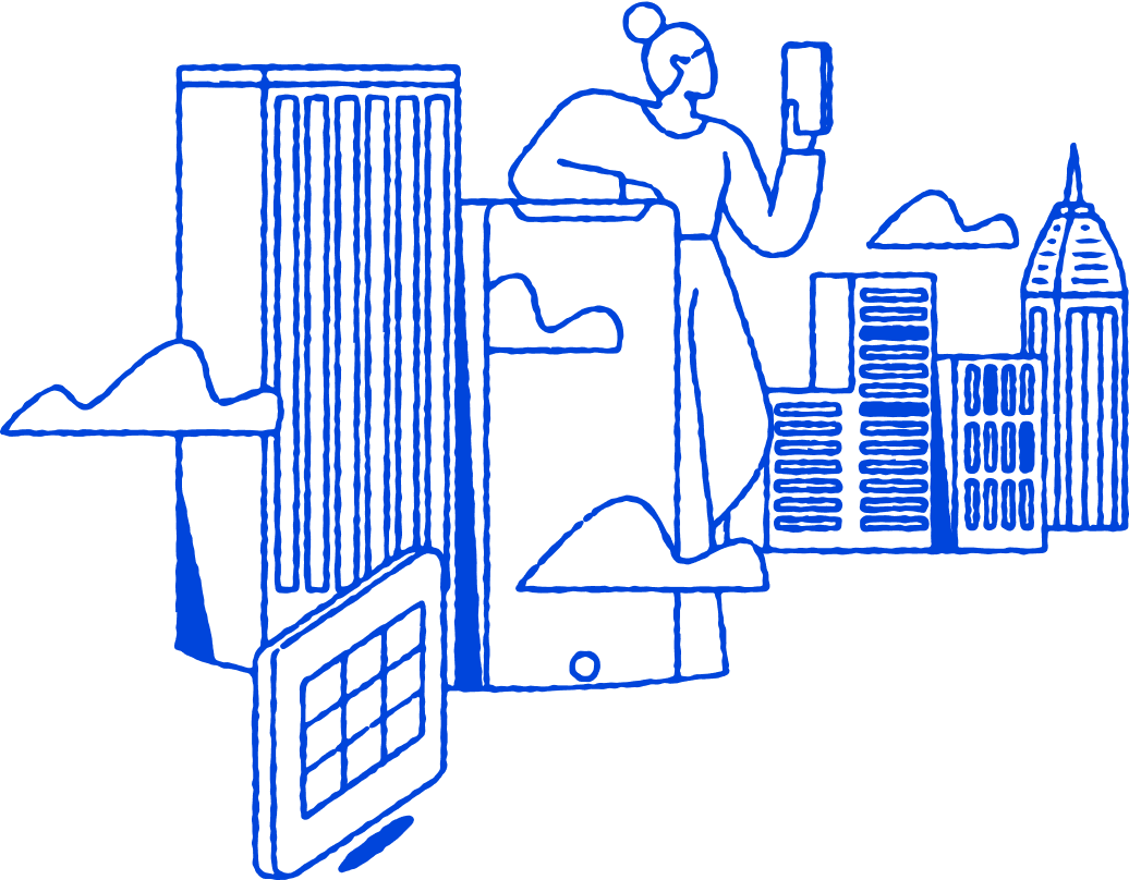 illustration of person and device in a city