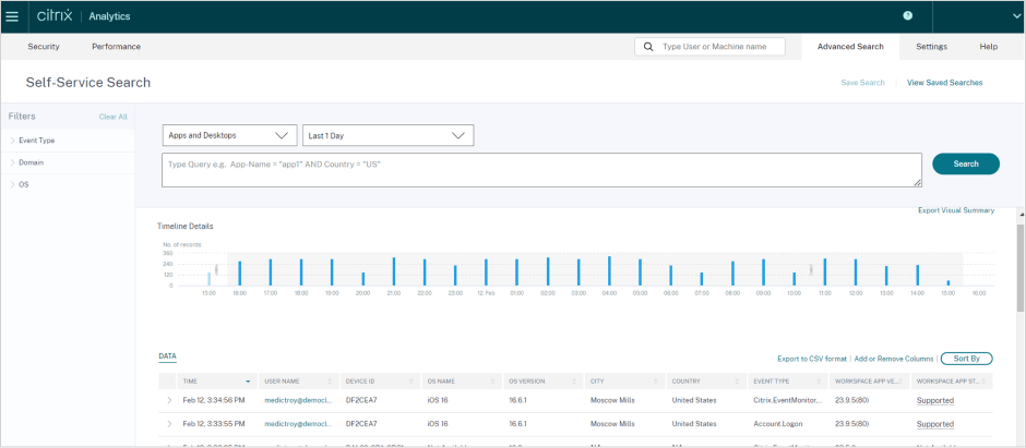 Citrix Analytics for Security Advanced Search dashboard