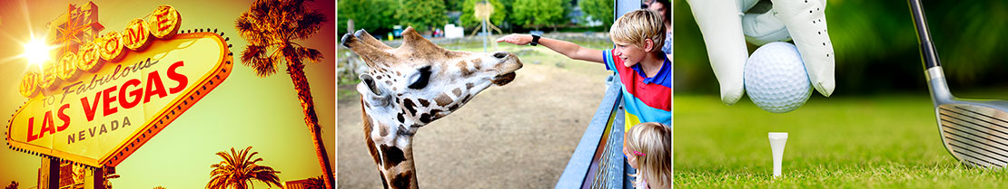 Las Vegas sign, a young boy petting a giraffe, and a golfer teeing up golf ball