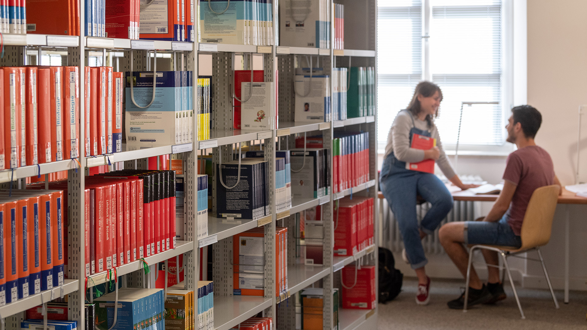 Two students chatting at the library