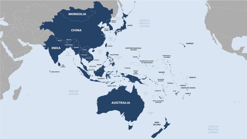 A map indicating the Secretary of Defense's travels and number of trips to the following locations: Singapore (4), Cambodia (2), India (3), South Korea (4), Indonesia (2), Papua-New Guinea (1), Japan (2), Philippines(2), Thailand (1), and Vietnam (1).