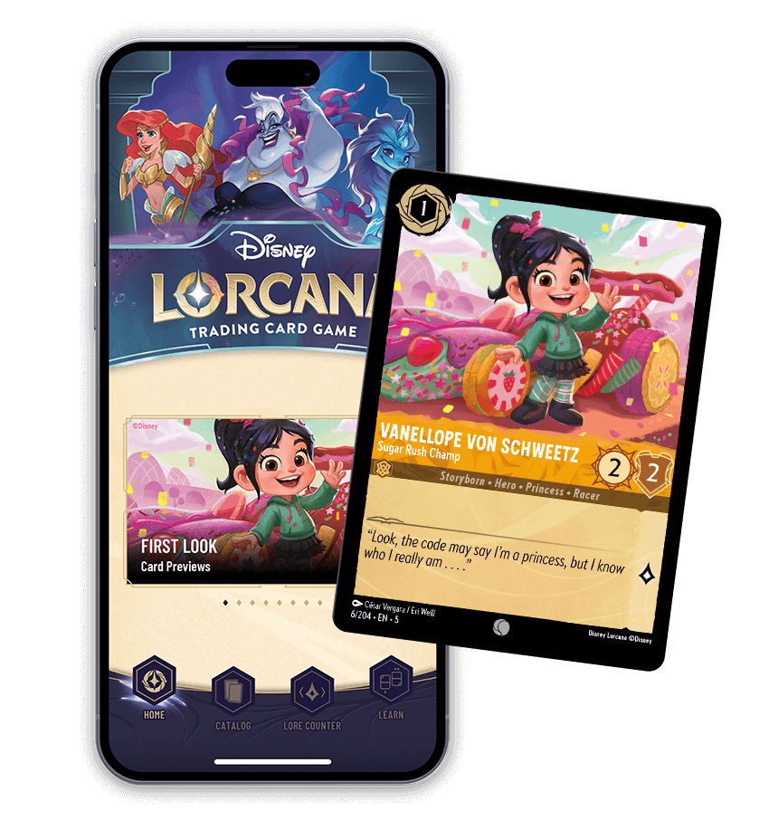 Image of Disney Lorcana app on a phone, overlaid with an example of the Vanellope von Schweetz card.