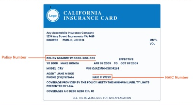 Sample Insurance card shows policy number and NAIC