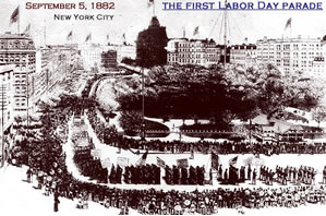 A sketch shows a large crowd gathered to watch a parade. The image is labeled September 5, 1882, New York City. The First Labor Day Parade. 