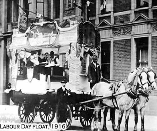 A postcard shows a horse-drawn float. The caption reads: Labour Day Float, 1916.