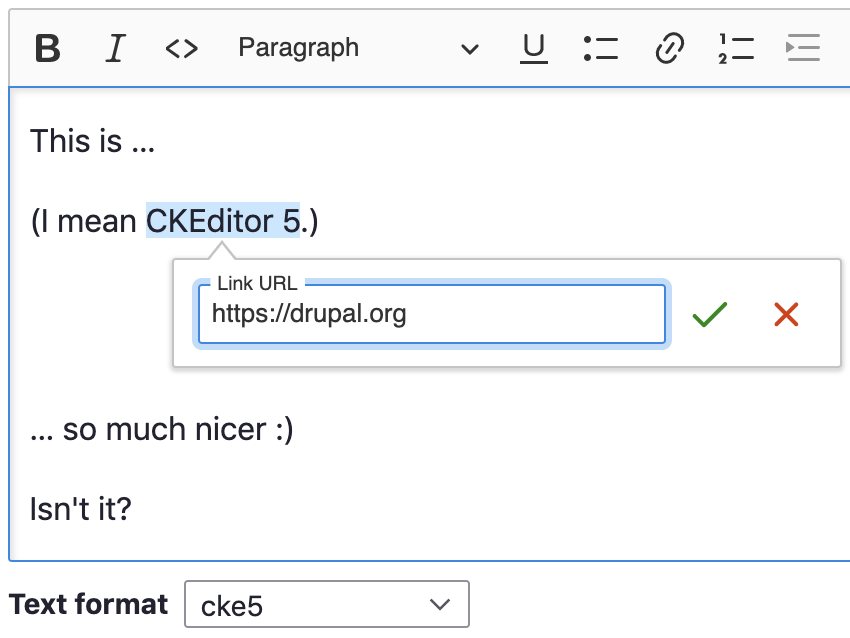 Screenshot of CKEditor 5 built-in dialog replacement