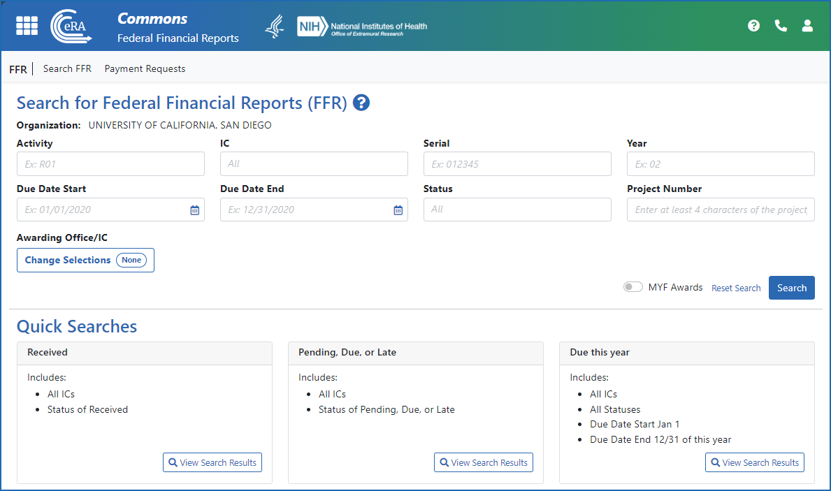 Figure 2: FFR Search screen, with quick searches at the bottom