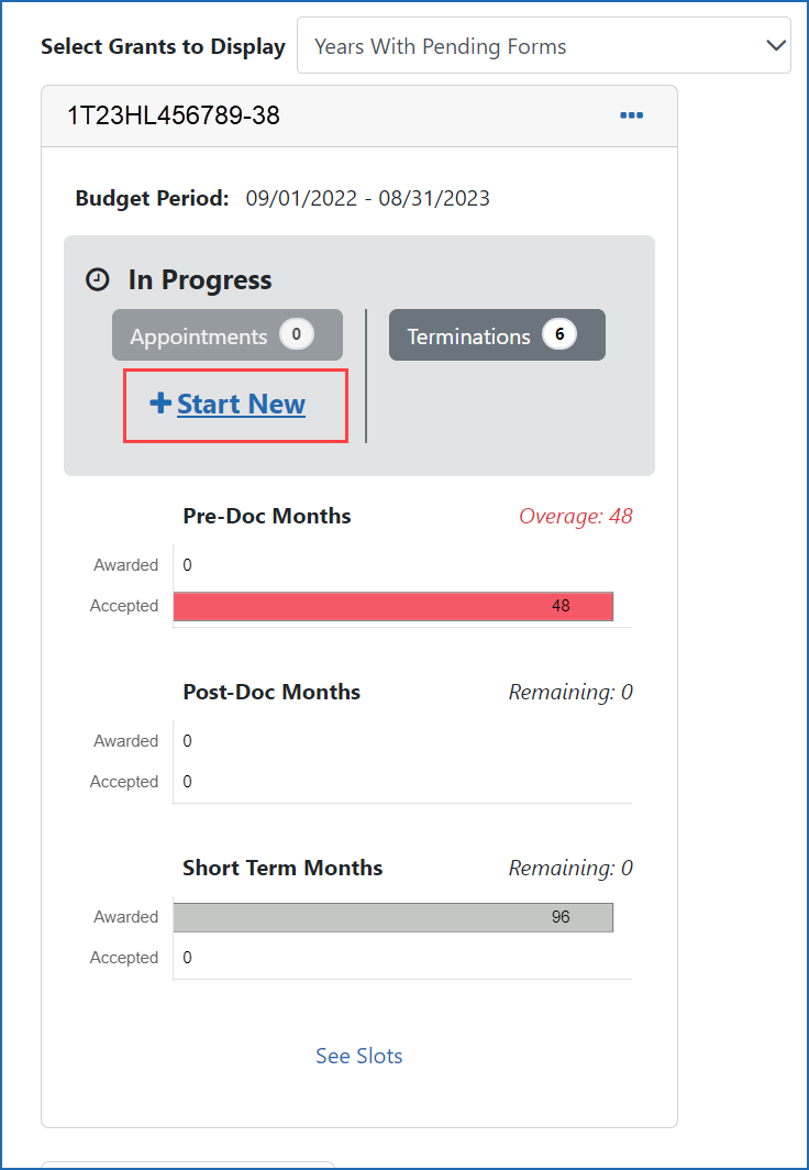 The PI then clicks the Start New link for the grant