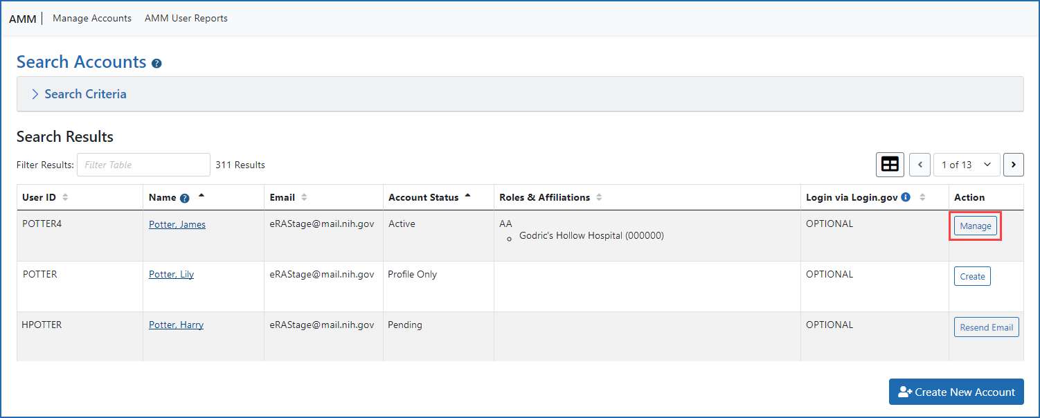 Manage Accounts Search Results screen showing the Manage button in the Action column