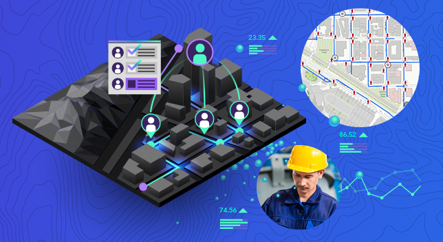 Gráfico azul con un diseño 3D negro de una ciudad cuadriculada con iconos superpuestos, junto a dos diseños circulares que incluyen un mapa y un trabajador con un casco de seguridad