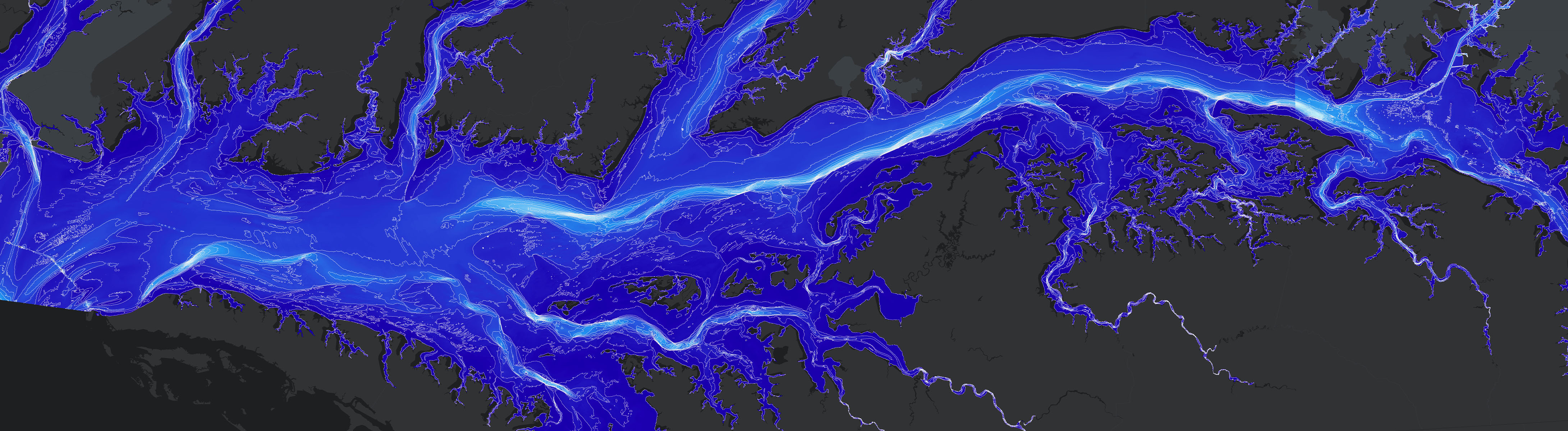 A bathymetric map of the seafloor topography, with a range of blue hues, showcases the powerful visualization capabilities of ArcGIS Pro GIS software