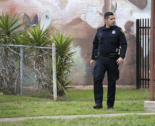 San Antonio police officer patrolling.