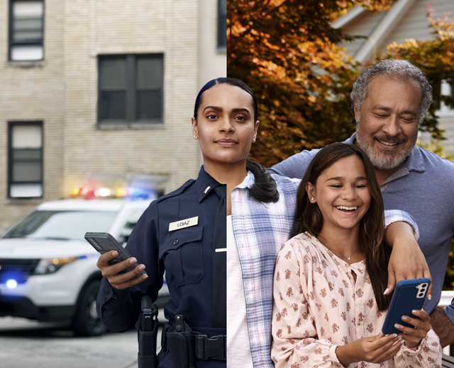 First responder dressed in half uniform and half civilian clothing with their family