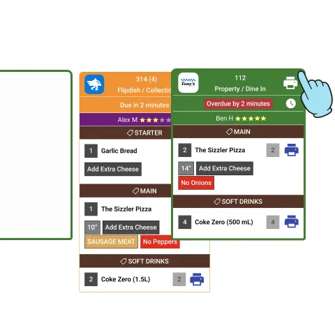 Hand showing you can drag and re order KDS tickets for priority