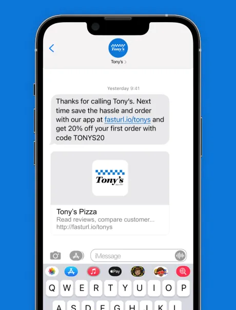 SMS Phone marketing message for Tonys Pizza