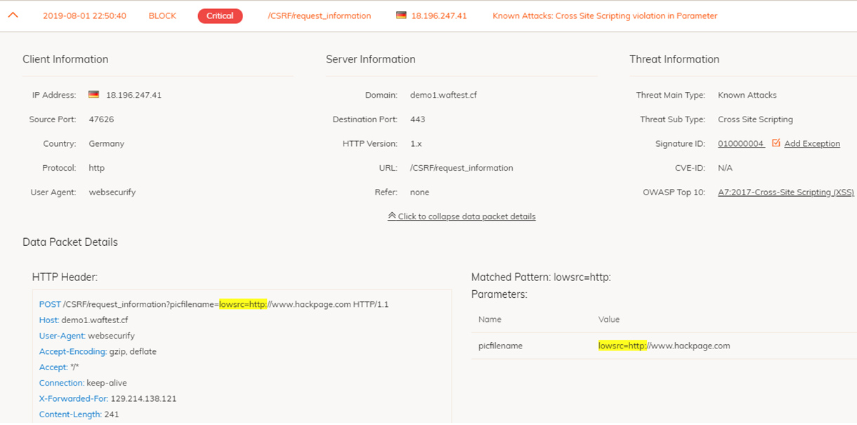 An attack log detailing critical information via a WAF 