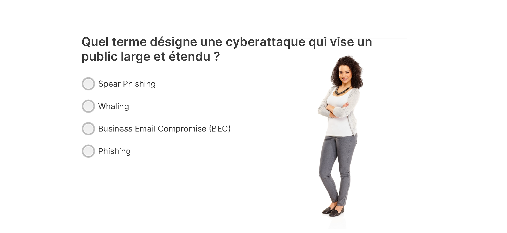 exemple de quiz présentant la question Quel terme représente une cyberattaque qui cible un large public ? Les réponses comprennent le phishing, le spear phishing, le whaling et la compromission des e-mails professionnels (BEC)