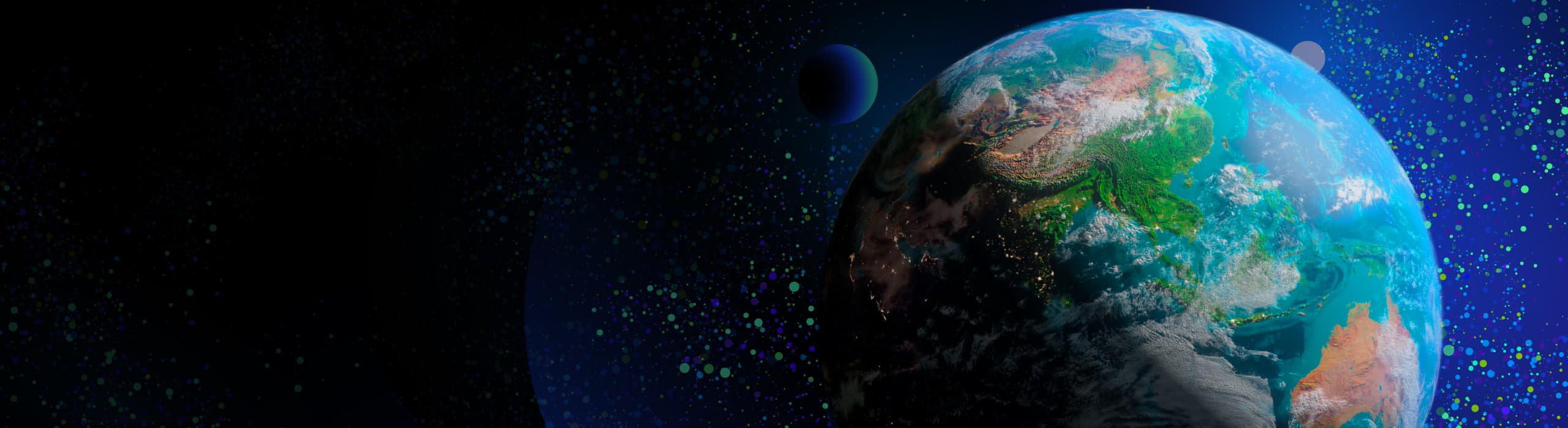 Earth against a dark background with points of light in blue and bright green