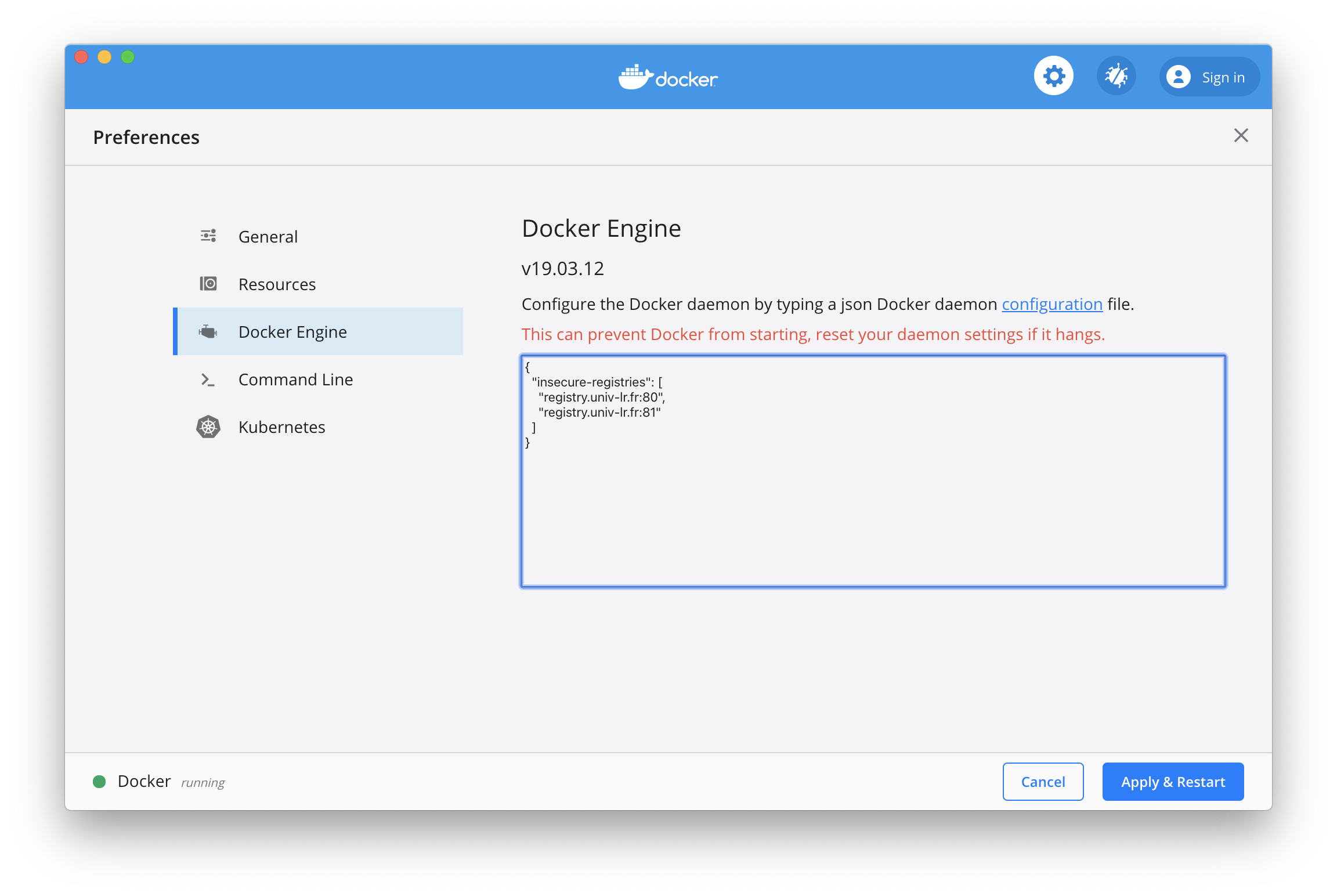 config registry docker OSX