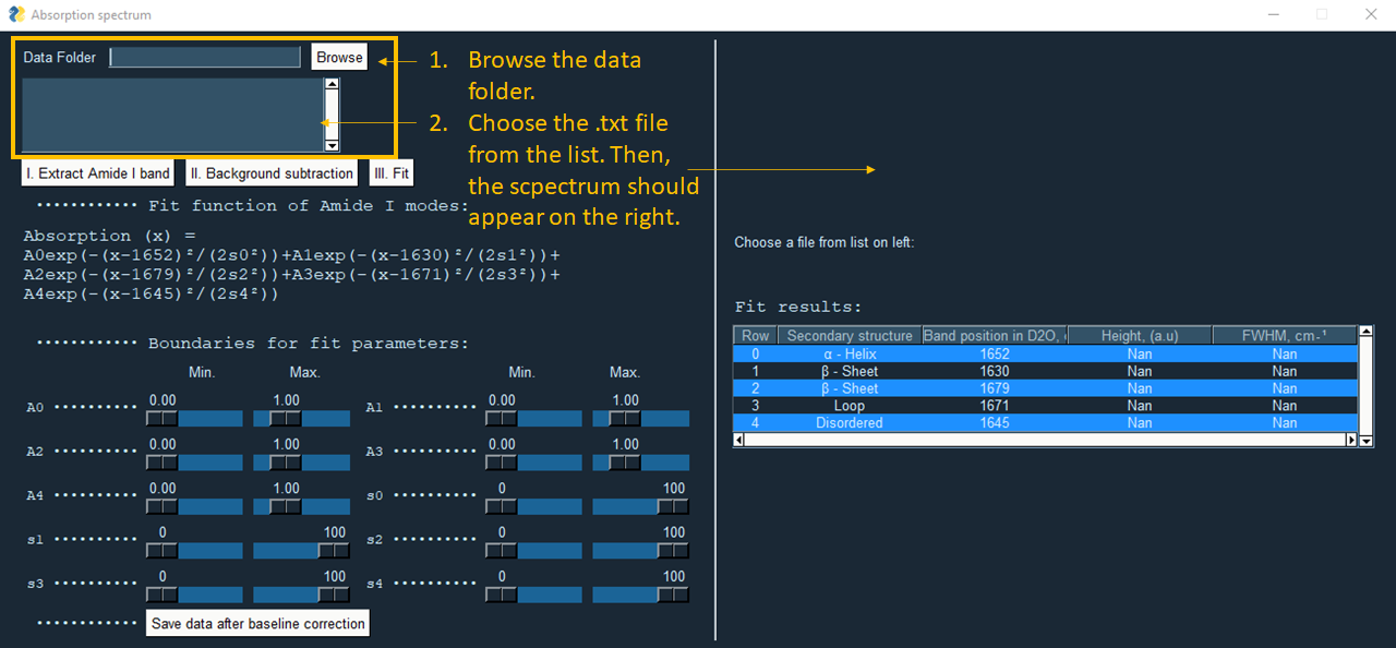 Program window layout. The browse of the folder and the list of files in it are marked with yellow.