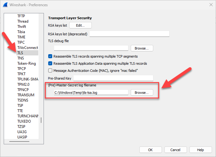 Wireshark TLS key log file