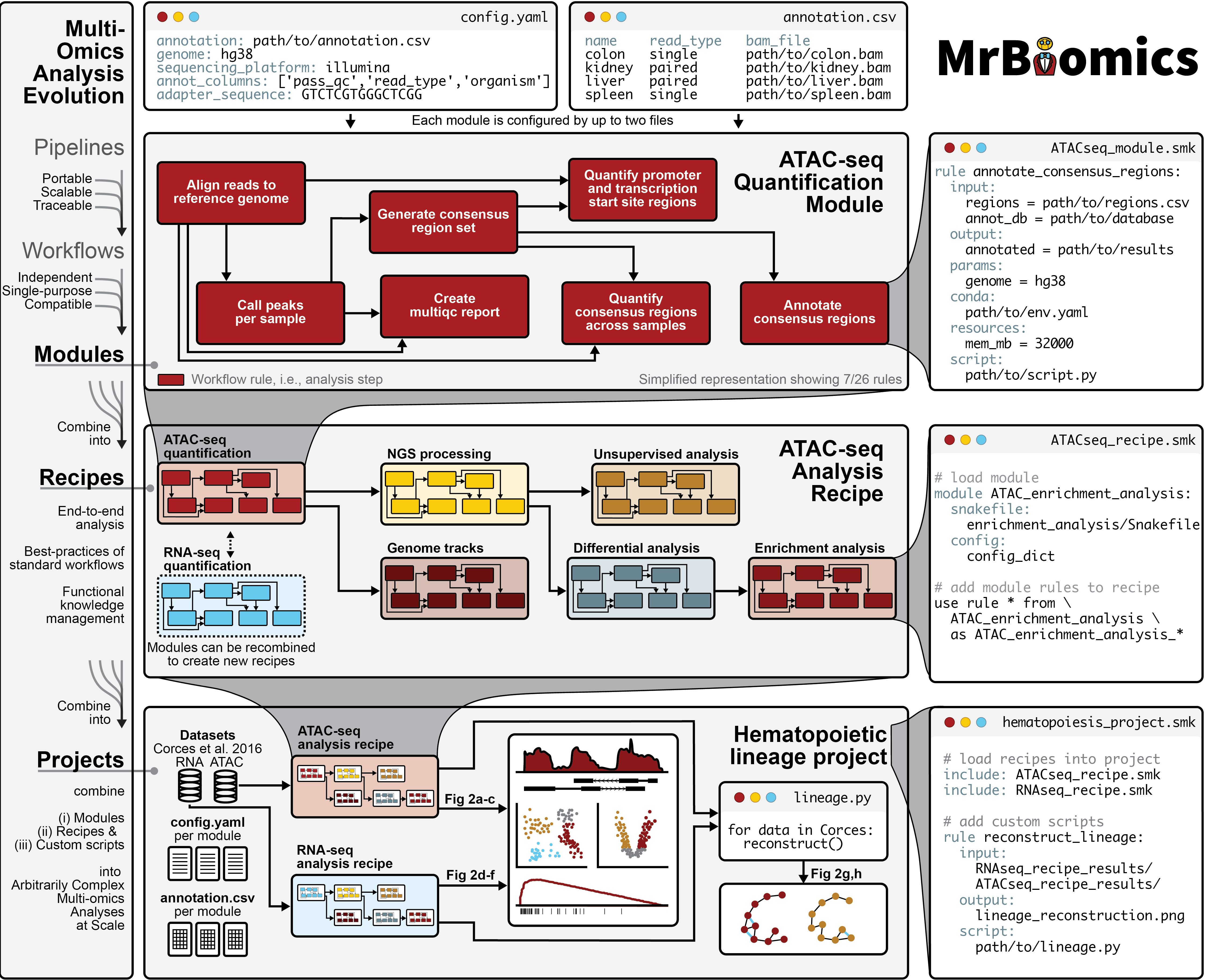 Illustration of MrBiomics Modules, Recipes and Projects