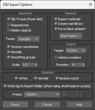 Screenshot of 3ds max OBJ file exporter