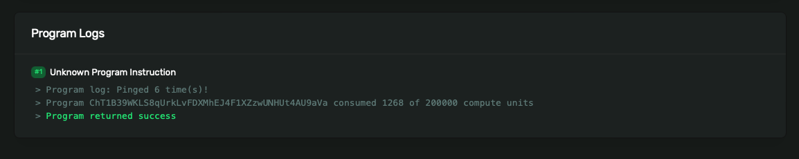 Screenshot of Solana Explorer with logs from calling the Ping program