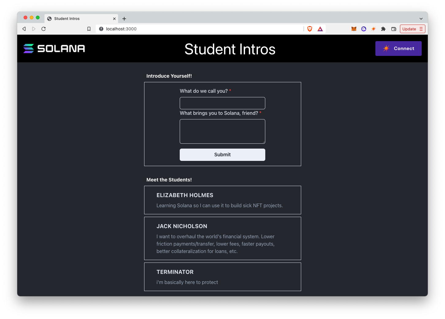 Screenshot of Student Intros frontend