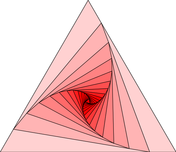 \begin{tikzpicture}
\newcounter{density}
\setcounter{density}{20}
    \def\couleur{red}
    \path[coordinate] (0,0)  coordinate(A)
                ++( 60:6cm) coordinate(B)
                ++(-60:6cm) coordinate(C);
    \draw[fill=\couleur!\thedensity] (A) -- (B) -- (C) -- cycle;
    \foreach \x in {1,...,15}{%
        \pgfmathsetcounter{density}{\thedensity+10}
        \setcounter{density}{\thedensity}
        \path[coordinate] coordinate(X) at (A){};
        \path[coordinate] (A) -- (B) coordinate[pos=.15](A)
                            -- (C) coordinate[pos=.15](B)
                            -- (X) coordinate[pos=.15](C);
        \draw[fill=\couleur!\thedensity] (A)--(B)--(C)--cycle;
    }
\end{tikzpicture}