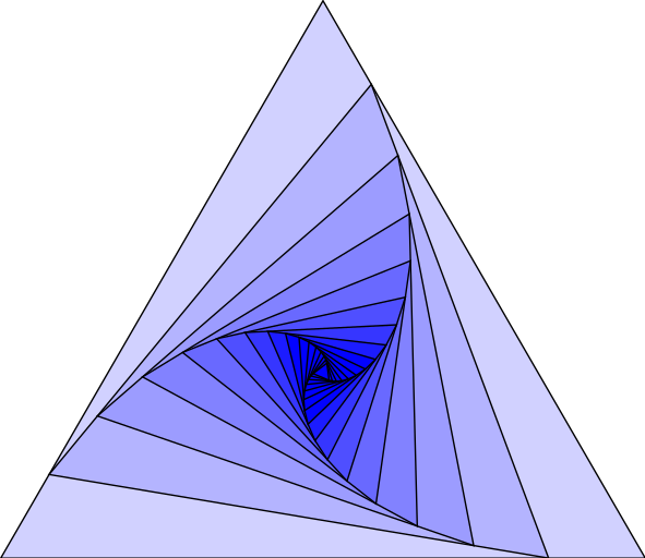 \begin{tikzpicture}
\newcounter{density}
\setcounter{density}{20}
    \def\couleur{blue}
    \path[coordinate] (0,0)  coordinate(A)
                ++( 60:6cm) coordinate(B)
                ++(-60:6cm) coordinate(C);
    \draw[fill=\couleur!\thedensity] (A) -- (B) -- (C) -- cycle;
    \foreach \x in {1,...,15}{%
        \pgfmathsetcounter{density}{\thedensity+10}
        \setcounter{density}{\thedensity}
        \path[coordinate] coordinate(X) at (A){};
        \path[coordinate] (A) -- (B) coordinate[pos=.15](A)
                            -- (C) coordinate[pos=.15](B)
                            -- (X) coordinate[pos=.15](C);
        \draw[fill=\couleur!\thedensity] (A)--(B)--(C)--cycle;
    }
\end{tikzpicture}