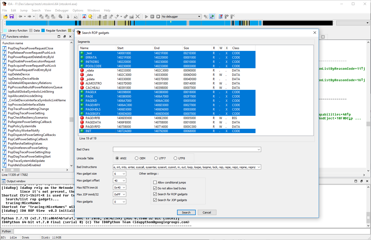 Searching ROP gadgets within IDA