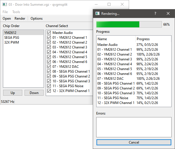 Screenshot of qvgmsplit channel list and render dialog