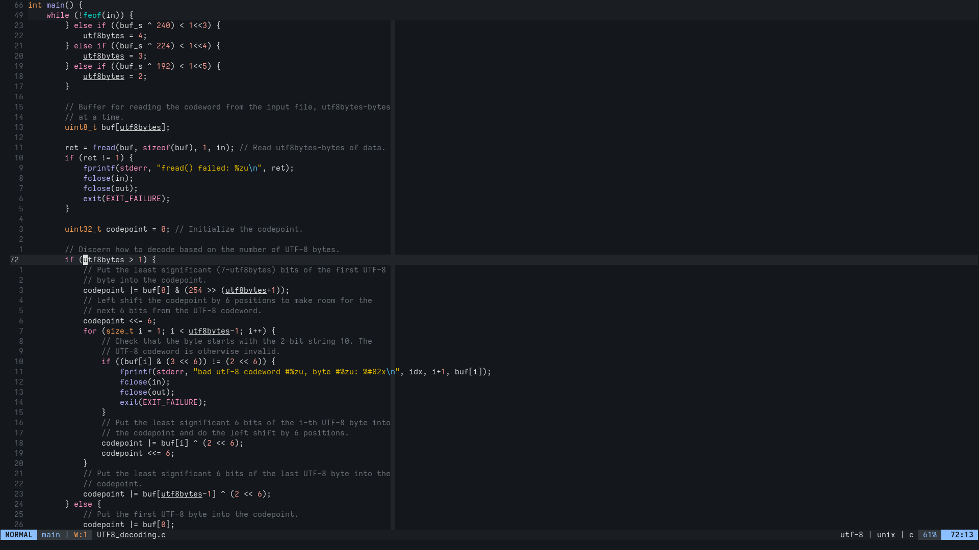 A screenshot of the Neovim text editor showing a C source file, with the Perpetua theme applied in dark ambience mode