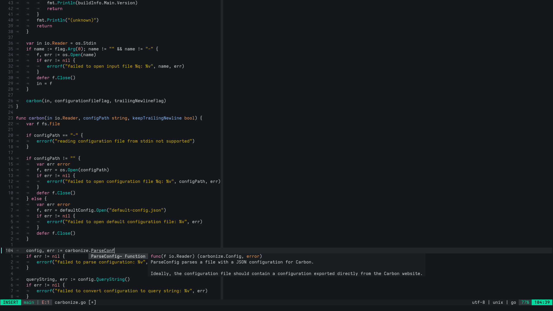 A screenshot of the Neovim text editor showing a Go source file, with the Perpetua theme applied in dark ambience mode