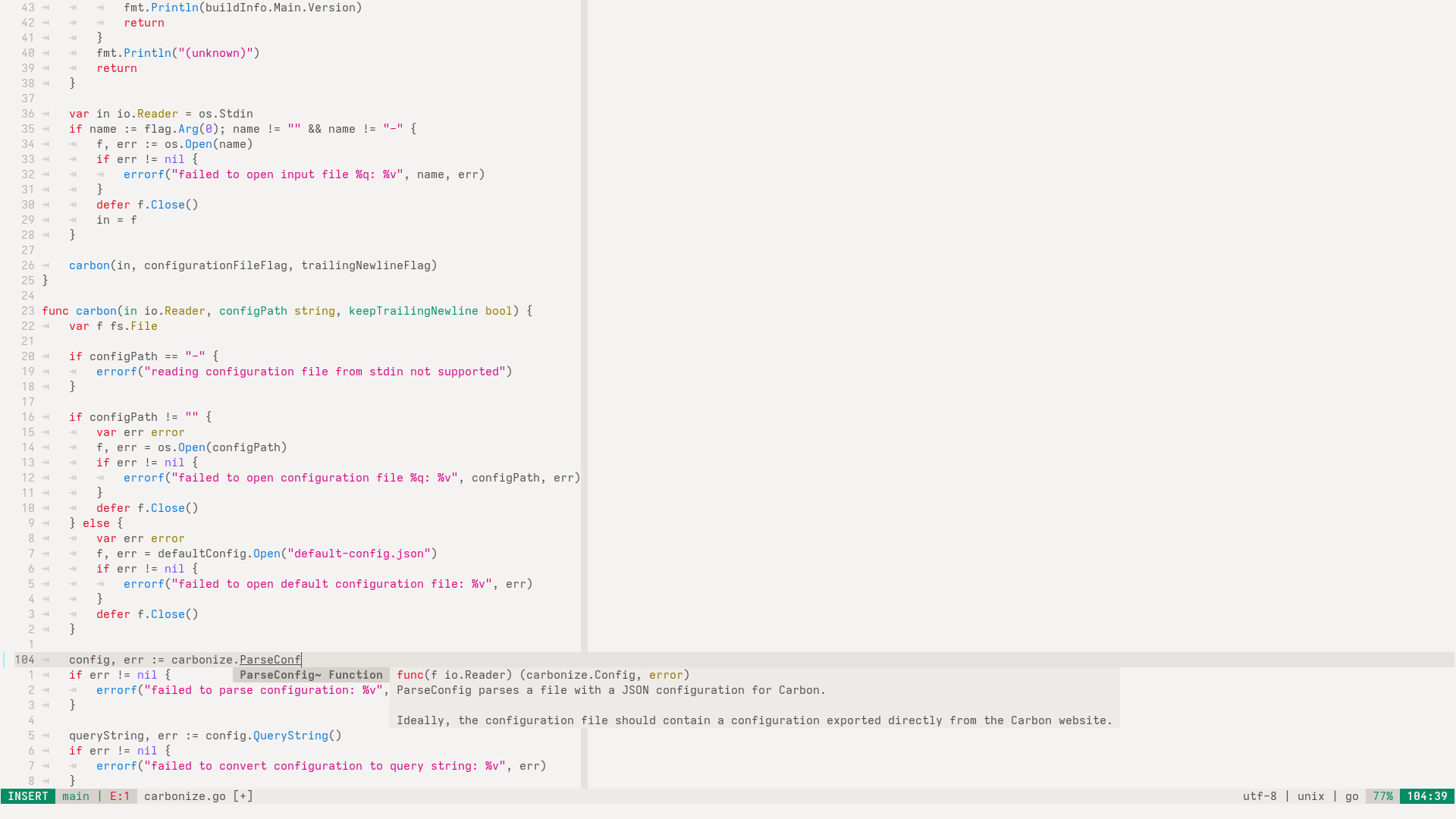 A screenshot of the Neovim text editor showing a Go source file, with the Perpetua theme applied in light ambience mode