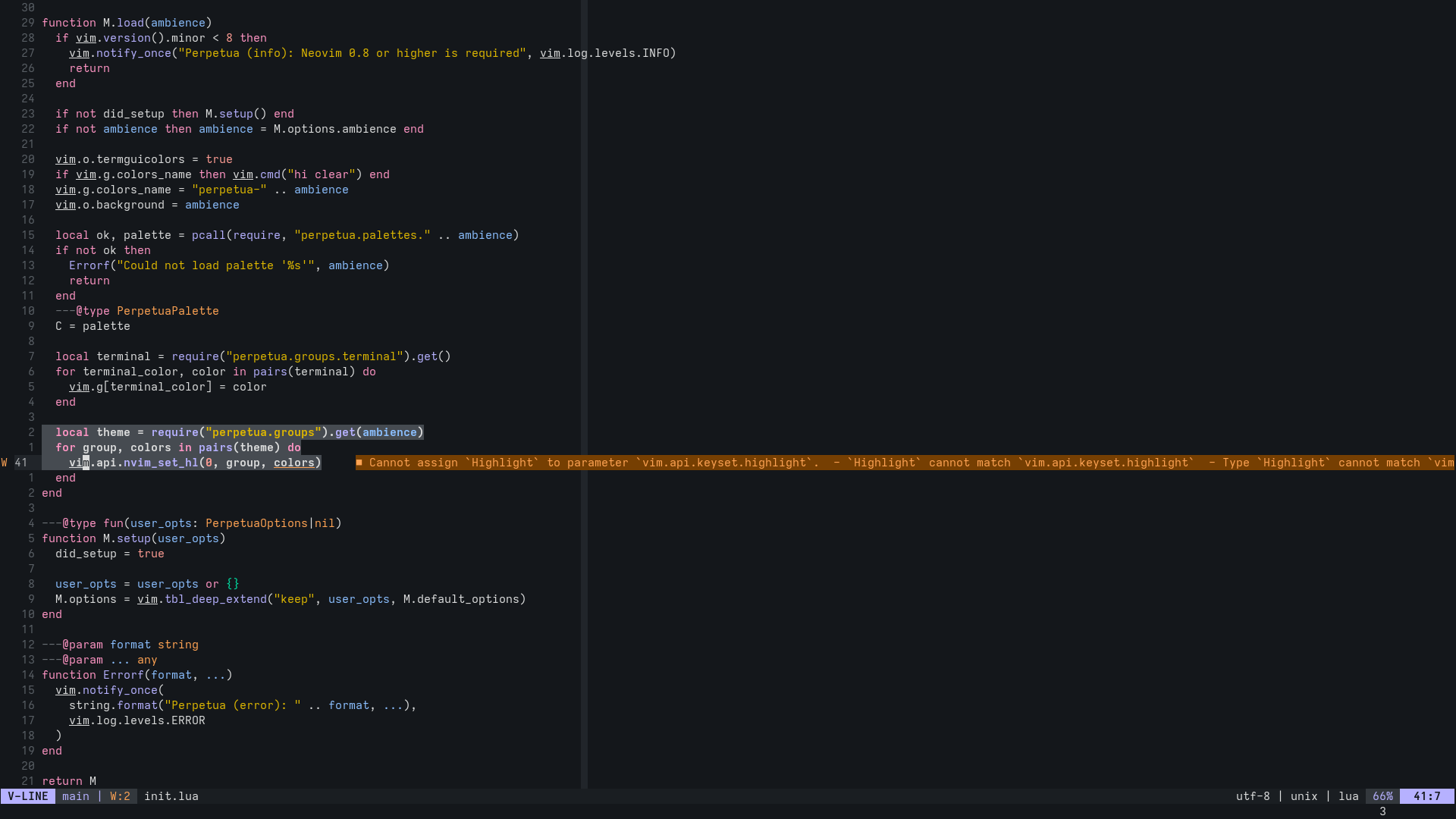 A screenshot of the Neovim text editor showing a Lua source file, with the Perpetua theme applied in dark ambience mode