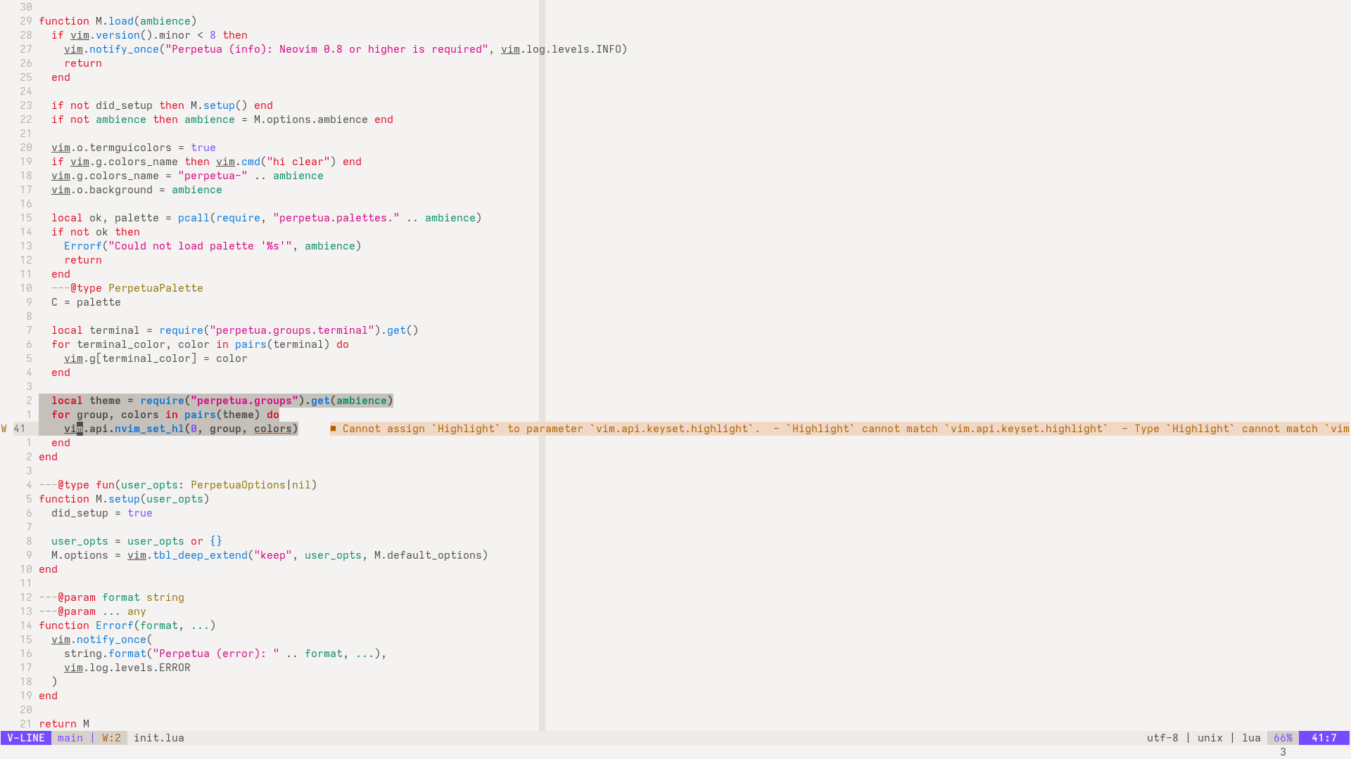 A screenshot of the Neovim text editor showing a Lua source file, with the Perpetua theme applied in light ambience mode