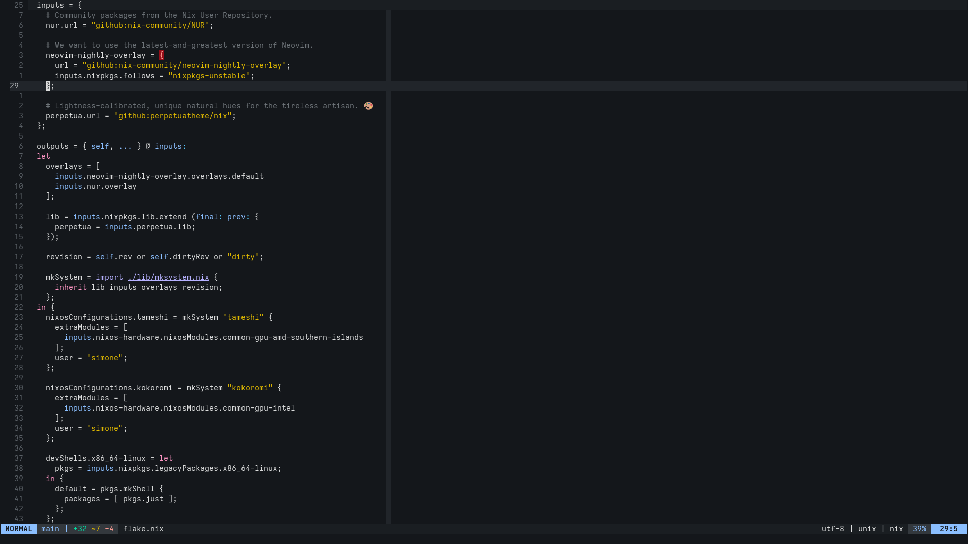 A screenshot of the Neovim text editor showing a Nix source file, with the Perpetua theme applied in dark ambience mode