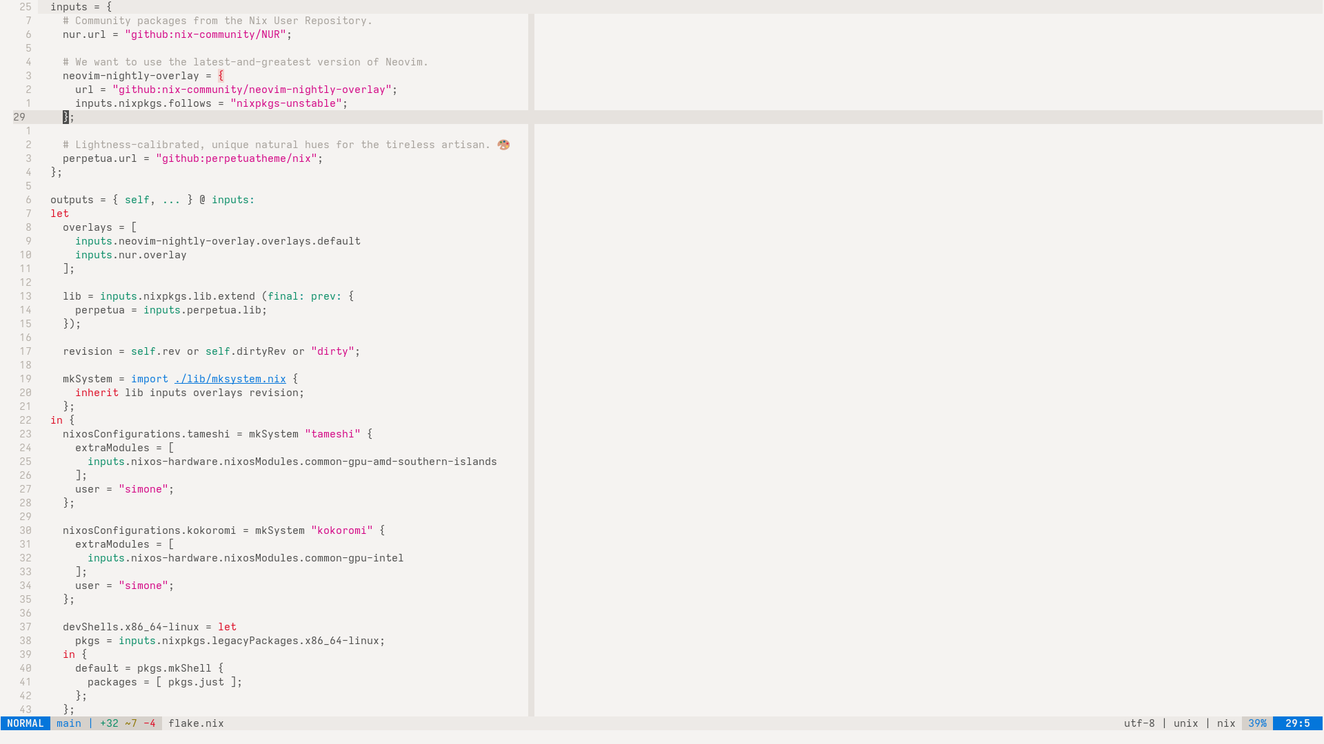 A screenshot of the Neovim text editor showing a Nix source file, with the Perpetua theme applied in light ambience mode