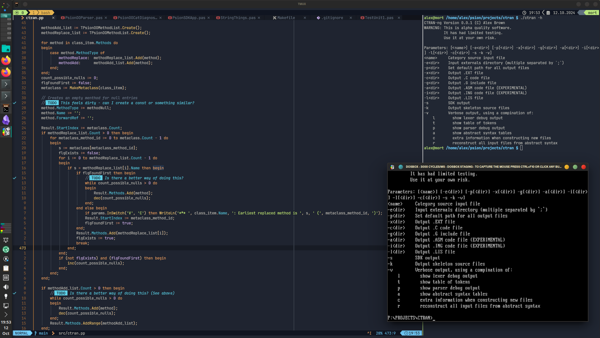 A screenshot of KDE Plasma running on Arch Linux. The background window is Kitty running tmux. In the main tmux pane is NeoVim showing some CTRAN-ng source code, written in Object Pascal. In the smaller pane on the right is CTRAN-ng’s help output. In the foreground is a copy of DOSBox Staging, also showing CTRAN-ng’s help output. Both have been compiled with Free Pascal.