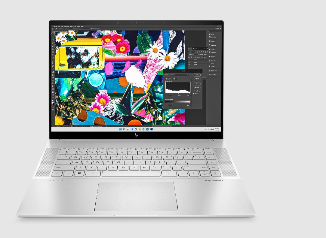 HP Envy x360 laptop with a colorful screen.