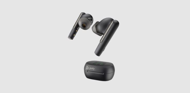 Poly Voyager Free 60+ UC wireless earbuds shown with case