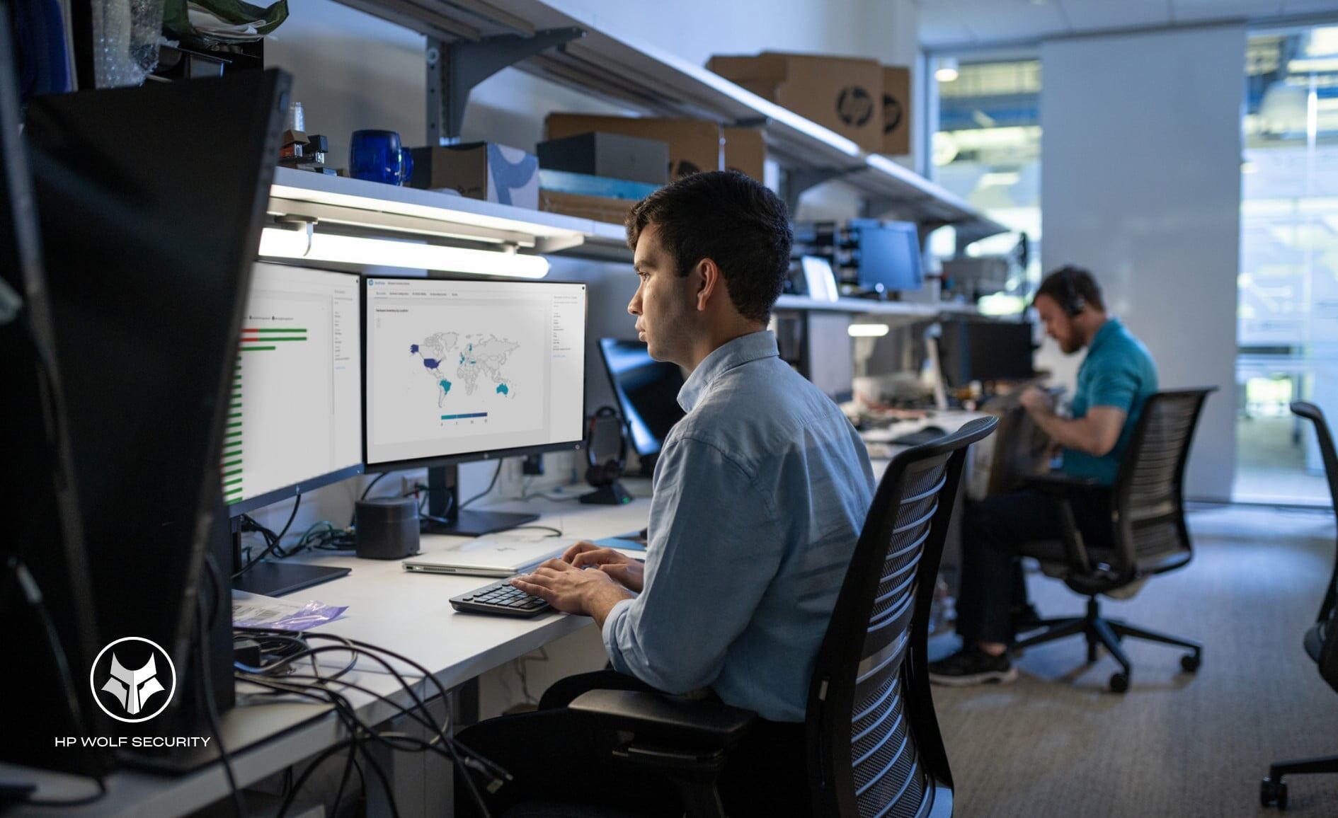 A man sits in front of three large HP monitors at an office desk, with another coworker in the background, with the HP Wolf Security logo.