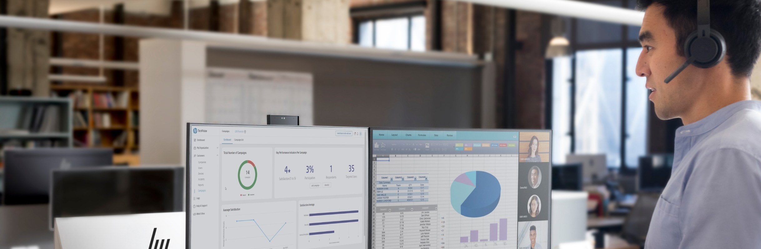 A man looking at two HP monitors that have analytics dashboards