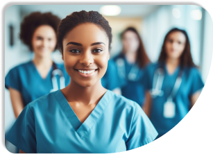 A group of healthcare professionals are looking into the camera and smiling.