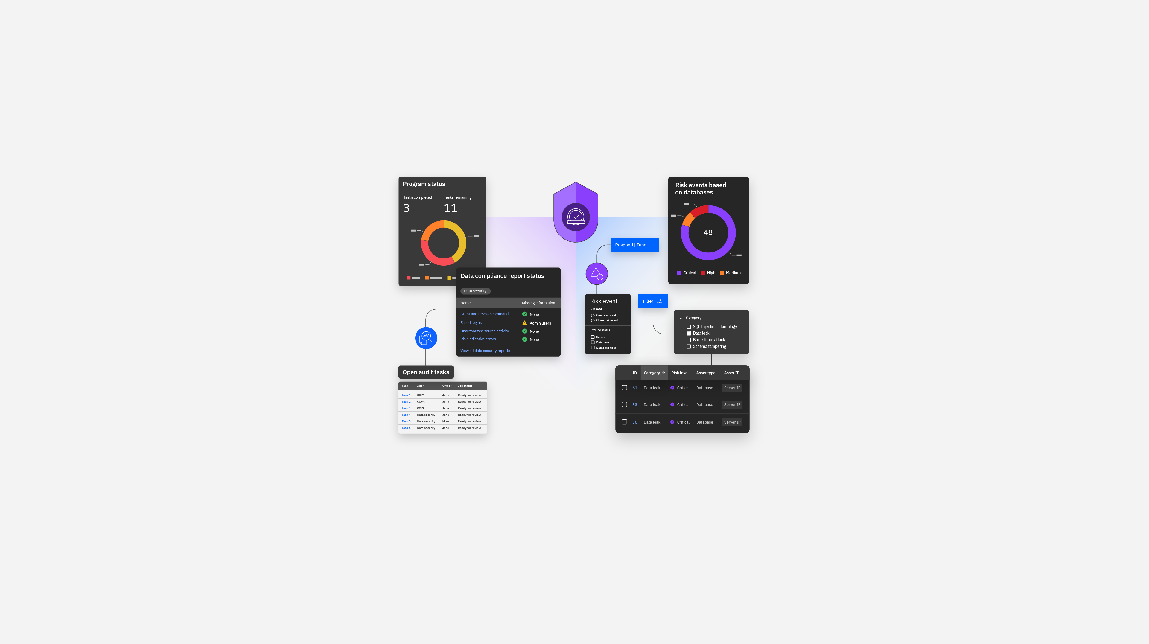 Elementi grafici che rappresentano il ciclo di vita di IBM Security Guardium 