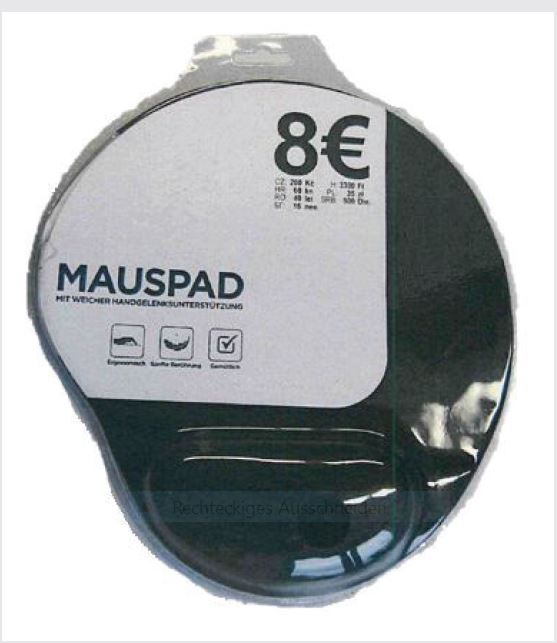 Abgebildet ist ein schwarzes rund-ovales Mousepad in transparenter Verpackung mit der Beschriftung Mauspad 8€